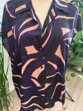 Abstract-Print Button Front Blouse in Bold Purple and Beige